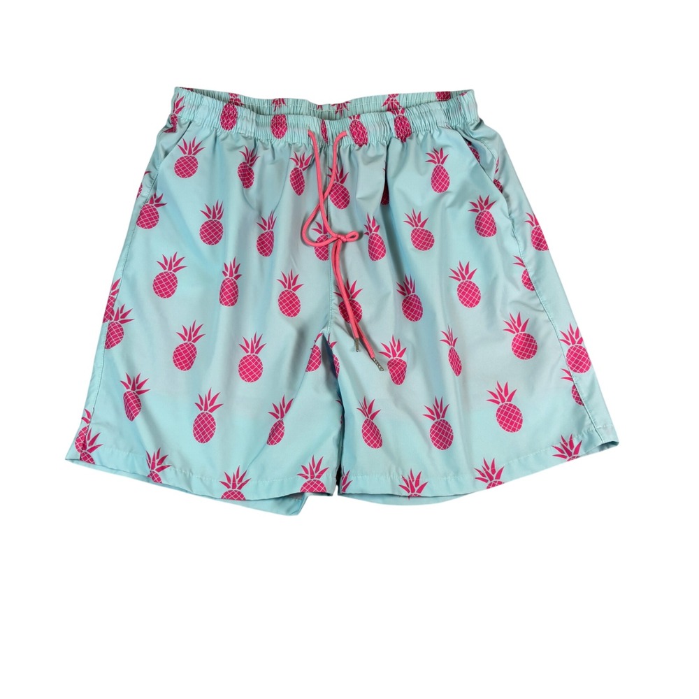 Mens Pink Pineapple‎ Swim Trunks Light Blue Board Shorts 2XL Tropical Summer